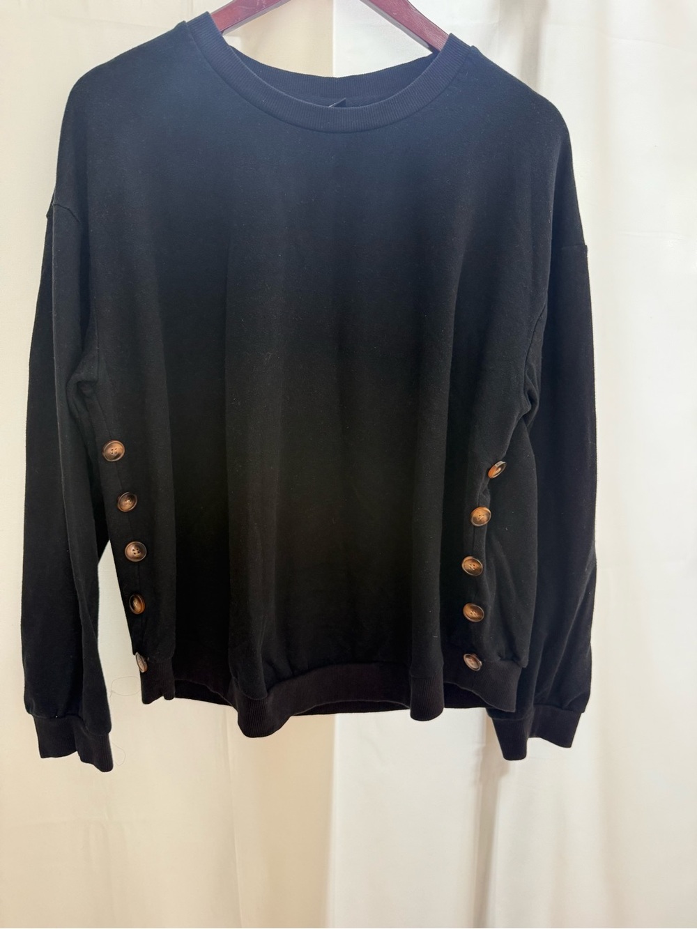 Black Crewneck Sweater with Side Button Detail